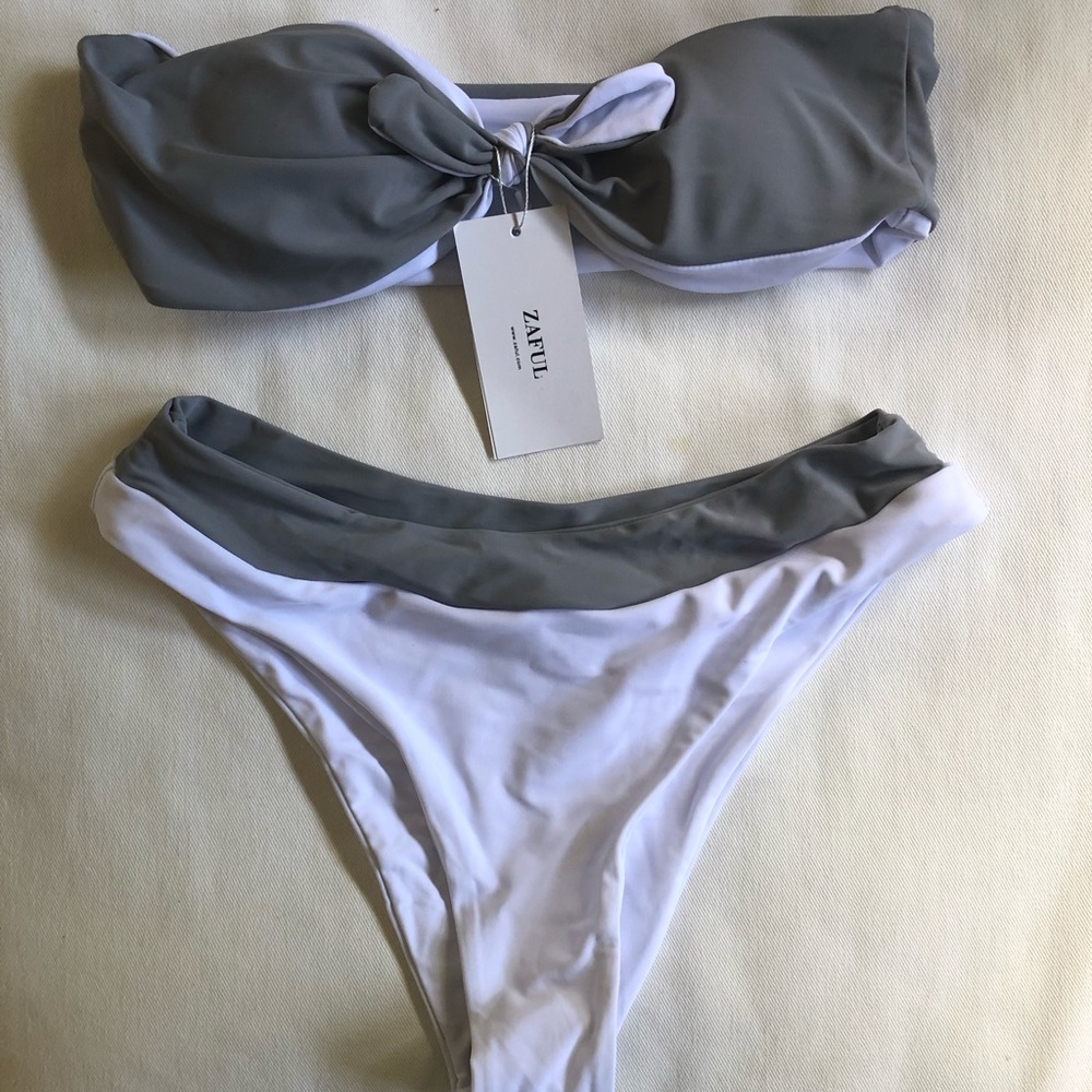 **NEW** grey and white bikini tie front high waist